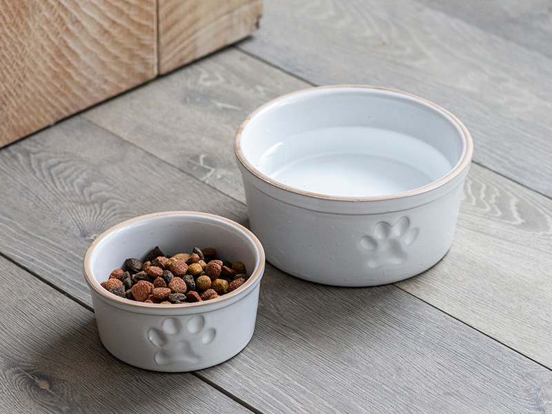 Large and small white stoneware  pet bowl